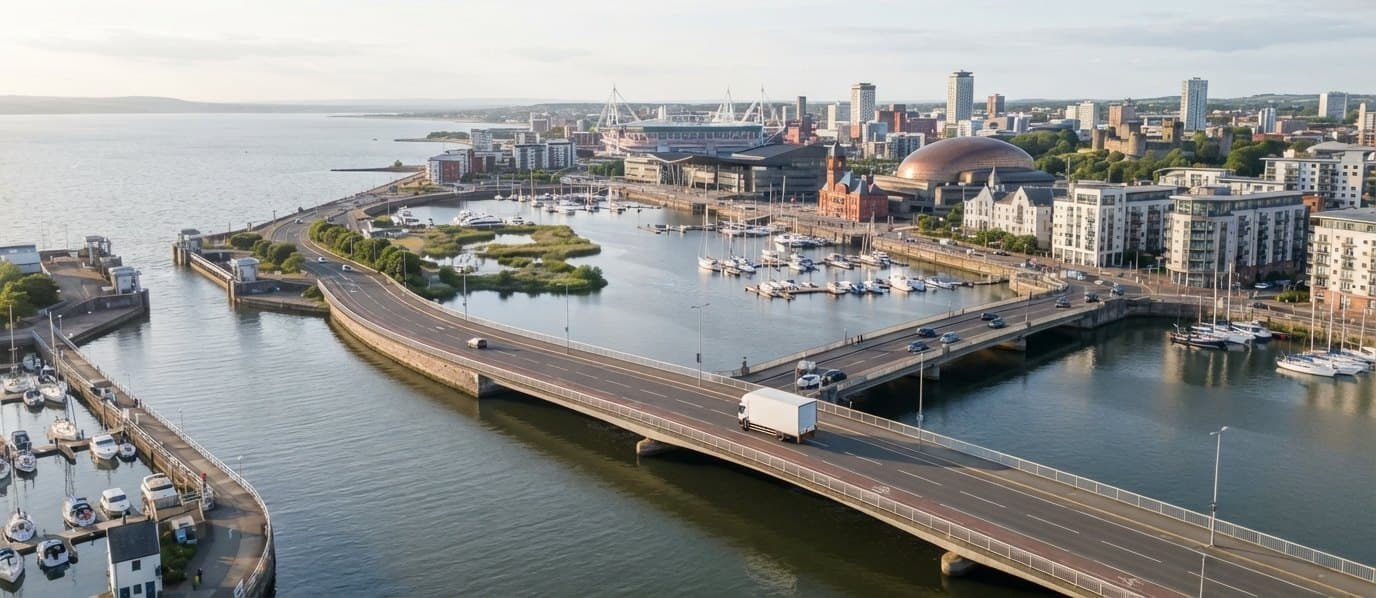 Man and van in Cardiff, a removals van crossing a causeway road by Cardiff Bay